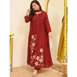 Vastranchal Women Floral Embroidered Pleated Thread Work Pure Cotton Kurta with Trousers & With Dupatta-picture-41
