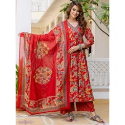 Vastranchal Women Floral Printed Angrakha Pure Cotton Kurta with Trousers & With Dupatta-picture-41
