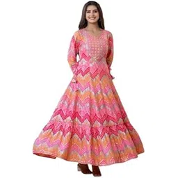 vasuprada Women's Rayon Anarkali Kurta, Zig-Zag Print Embroidered Flared Dress, Round Neck, 3/4 Sleeve, Available in Aqua Blue, Pink, S to 3XL-picture-49