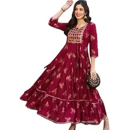 vasuprada Women's Rayon Anarkali Kurta, Zig-Zag Print Embroidered Flared Dress, Round Neck, 3/4 Sleeve, Available in Aqua Blue, Pink, S to 3XL-picture-12