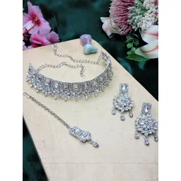 VATSALYA creation Rhodium-Plated Artificial Stone Studded Jewellery Set-picture-16