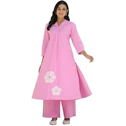 vayu arts Elegant Women's Cotton round Kurta-Pant Set – Comfortable Ethnic Wear for Daily & Festive Use | Color baby pink with beautifully handcrafted patch work-picture-10