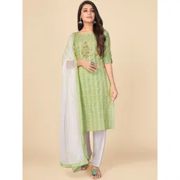 KALINI Women Green Ethnic Motifs Embroidered Thread Work Pure Cotton Kurti with Trousers & With Dupatta-image-48