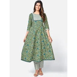 vbuyz KALINI Women Green & Blue Printed Panelled Pure Cotton Kurta with Trousers & With Dupatta-picture-35