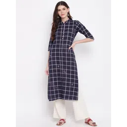 vbuyz KALINI Women Navy Blue Checked Cotton Straight Kurta-picture-24