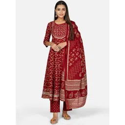 vbuyz KALINI Women Red Ethnic Motifs Embroidered Layered Thread Work Pure Cotton Kurta Trouser Set With Dupatta-picture-29