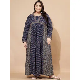 Vbuyz Plus Floral Printed Square Neck Cotton Maxi Ethinic Dress-picture-37