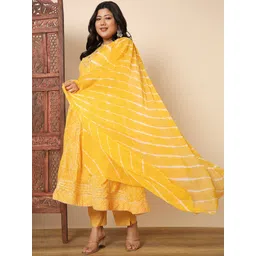 Vbuyz Plus Size Bandhani Printed Regular Thread Work Kurta & Trousers With Dupatta-picture-15