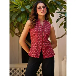 Vbuyz Women Floral Printed Mandarin Collar Casual Cotton Top-picture-40