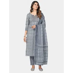 Vbuyz Women Grey Paisley Yoke Design Regular Mirror Work Pure Cotton Kurta with Trousers & With Dupatta-picture-10