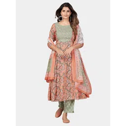 Vbuyz Women Peach-Coloured Ethnic Motifs Printed Empire Gotta Patti Pure Cotton Kurta with Trousers & With-picture-12