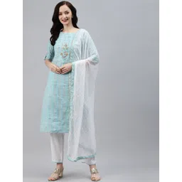 Vbuyz Women Turquoise Blue & White Ethnic Motifs Printed Kurta with Trousers & Dupatta-picture-19
