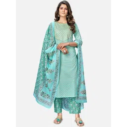 Vbuyz Women Turquoise Blue Floral Printed Kurta with Trousers & Dupatta-picture-38