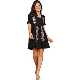 vbuyz Women's Black Solid Embroidery Flare Cotton Stitched Dress|Mini Above The Knee Beach Dressess|Ruffle Western Peplum|One Piece Square Neck|Casual Puff Short Sleeves-picture-15