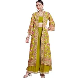 vbuyz Women'S Parrot-Green Lace Work Straight Georgette Crush Stitched Crop Top Palazzo With Shrug | Top with Shrug | crop top palazzo shrug set-picture-47