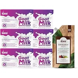 VCare Goat Milk White Soap 75g Pack of 6 & Shikakai Paste 75g Combo | With Argan Oil, Vitamin C & Natural Herbs | Gentle Cleansing & Conditioning Care for Smooth Skin & Healthy Hair-image-1
