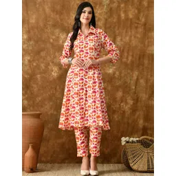 VCJ Floral Printed Cotton Shirt Collar Neck Top With Trousers Co-Ords image 1