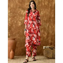 VCJ Floral Printed Pure Cotton Shirt Collar Tunic With Trousers Co-Ords-picture-12