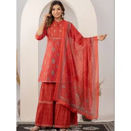 VEDANA Women Bandhani Printed Regular Thread Work Pure Cotton Kurta with Sharara & With Dupatta-picture-28