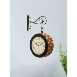 vedas Beige & Brown Round Shaped Double-Sided C-Rowan Wooden Wall Clock-picture-18