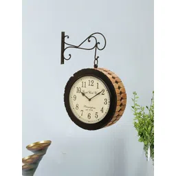 vedas Beige & Brown Textured Round Shaped Double-Sided C-Rowan Wooden Wall Clock-picture-17