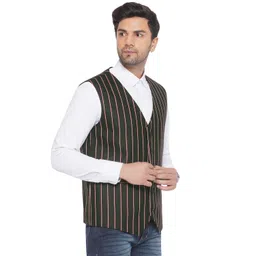 veera paridhaan Cotton Poly Red Striped Waist Coat for Men (Green) image 2