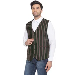 veera paridhaan Cotton Poly Red Striped Waist Coat for Men (Green) image 3
