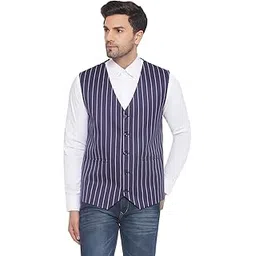 veera paridhaan Cotton Poly White Striped Waist Coat for Men (Blue)-picture-30