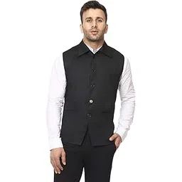 veera paridhaan Solid Black Cotton Poly Collared sleevless Nehru Jacket-picture-16