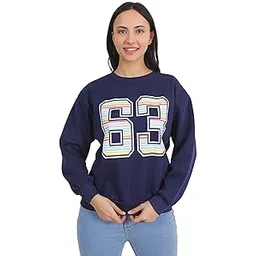 veins fashion Casual Women's Oversized Drop Shoulder Sweatshirt, Navy Blue Cotton Blend, Rainbow Striped Number 63 Graphic Print-picture-50