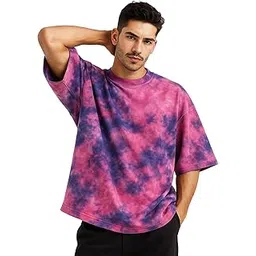 veirdo 100% Pure Cotton Round Neck Oversized Baggy Fit Drop Shoulder Cool & Cozy Tie & Dye Round Half Sleeve T-Shirt for Men (Sizes: S to 2XL)-picture-43