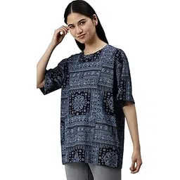 veirdo Multicolour Oversized Cotton Crew Neck T-Shirt with Bandana Print for Women-picture-22