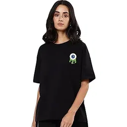 veirdo Oversize Loose Baggy Fit Drop Shoulder Cool and Stylish Latest Pocket Print Eye Design Half Sleeve Black T-Shirt for Women-picture-13