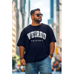 veirdo Plus Size Oversized Men Printed Round Neck Pure Cotton Navy Blue T-Shirt-picture-13