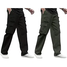 veirdo Pure Cotton Baggy Fit Regular Length Mid Rise Utility Pocket Cargos for Men (Colors Available: Black, Olive, Grey, Brown & Navy)-picture-42