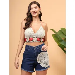 Velvery Off White Crochet Rose Bralette Top-picture-28