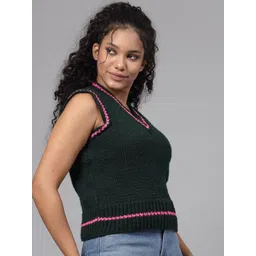 Velvery Open Knit Self Design V Neck Acrylic Sweater Vest image 5