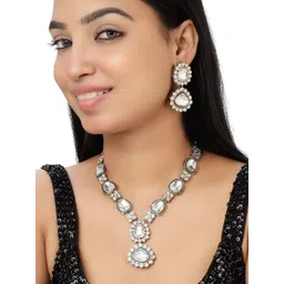 VELVET IMPERIAL Silver-Plated Kundan Studded Necklace & Earrings-picture-29