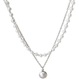vembley Double Layered Pearl Pendant Silver Necklace For Girls And Women-picture-23