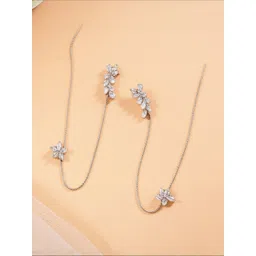 Vembley Korean Floral Stone Studded Ear Cuff Earrings With Long Chain-picture-36