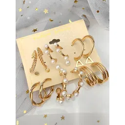 Vembley Women 9 Pairs Contemporary Pearls Studs And Half Hoop Earrings-picture-38