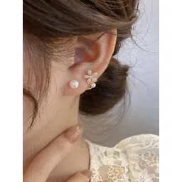 Vembley Women Gold Plated Korean Studded Flower White Pearl Stud Earrings-picture-13