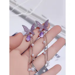 Vembley Women Purple & Silver-Plated Butterfly Shaped Cubic Zirconia Alloy Drop Earrings-picture-27