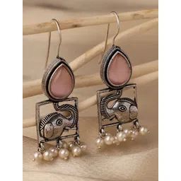 VENI 925 Silver-Plated Artificial Stones Studded And Beaded Oxidised Drop Earrings-picture-13