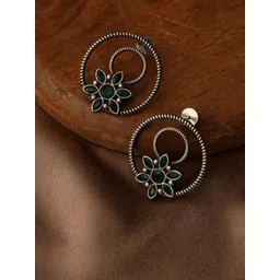 VENI 925 Silver Plated Oxidised Artificial Stones Studded Contemporary Hoop Earrings-picture-21