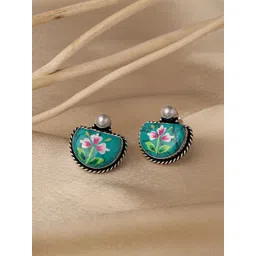 VENI 92.5 Silver-Plated OxidisedArtificial Stones Studded Contemporary Shaped Studs-picture-20