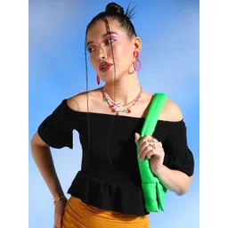 Veni Vidi Vici Black Off-Shoulder Flared Sleeve Peplum Crop Top-picture-30