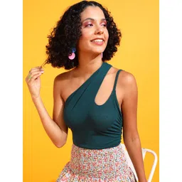 Veni Vidi Vici Green Strappy One Shoulder Slim-Fit Bodysuit-image-30