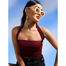 Veni Vidi Vici Halter Neck Ruched Crepe Fitted Crop Top-image-38