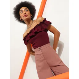 Veni Vidi Vici Maroon Off-Shoulder Flutter Sleeves Bardot Crop Top-picture-15